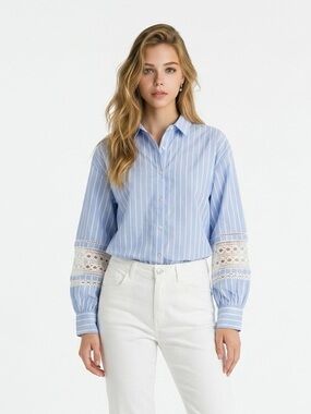 French Connection Blue & White Striped Lace-Trim Oversized Button Down Shirt